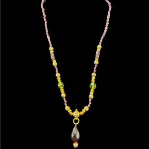 Vintage Napier Gold and Garnet Colored Beaded Glass Necklace with Green Accents